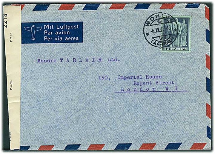 50 c. single på luftpostbrev fra Wohlen d. 6.9.1945 til London, England. Åbnet af britisk censur PC90/2218.