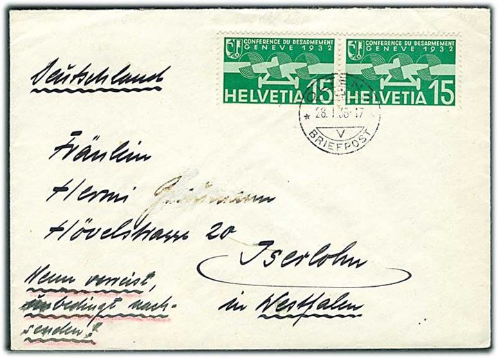 15 c. Disarmement udg. i parstykke på brev fra Olten d. 28.1.1938 til Iserlohn, Tyskland.
