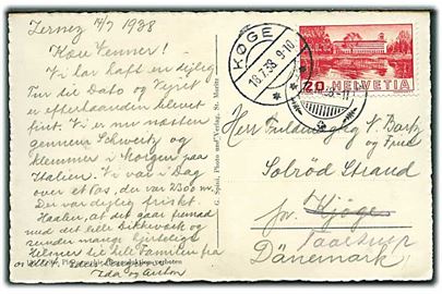 20 c. BIT udg. på brevkort fra Zernez d. 15.7.1938 til Solrød Strand pr. Køge, Danmark - eftersendt til pr. Taastrup.