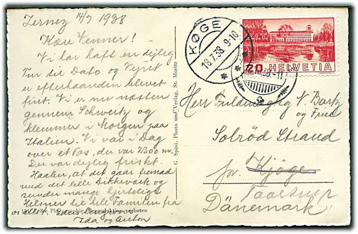 20 c. BIT udg. på brevkort fra Zernez d. 15.7.1938 til Solrød Strand pr. Køge, Danmark - eftersendt til pr. Taastrup.