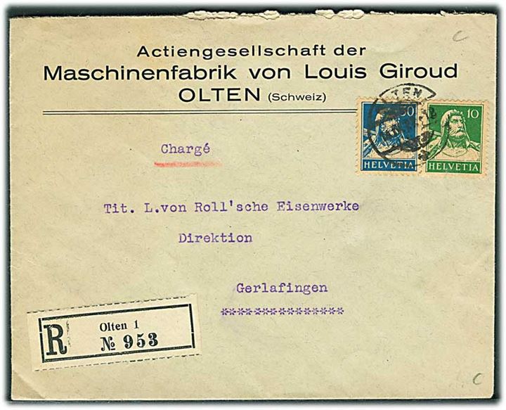 10 c. og 30 c. Tell på anbefalet brev fra Olten d. 14.9.1922 til Gerlafingen. På bagsiden Krippenkinder mærkat.