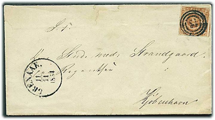 4 R.B.S. Thiele III gulbrun på brev annulleret med nr.stempel 22 og sidestemplet antiqua Grenaae. d. 11.11.1854 til Kjøbenhavn.