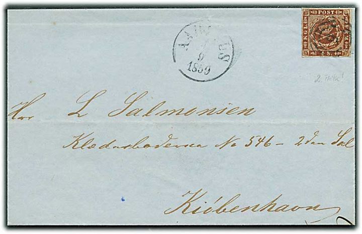 4 sk. 1854 udg. 2. tryk på brev annulleret med nr.stempel 5 og sidestemplet antiqua Aarhus d. 4.9.1859 til Kjøbenhavn.