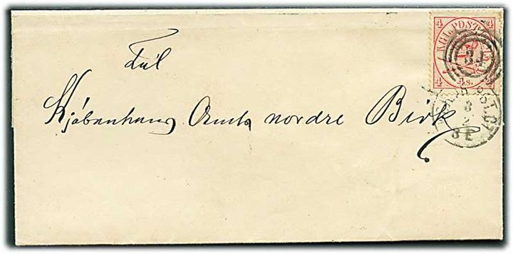 4 sk. Krone/Scepter karmin på brev annulleret med kombineret nr.stempel 34/KBH.JB.PST.CT. d. 3.2.(1865) til Københavns Amts nordre Birk.