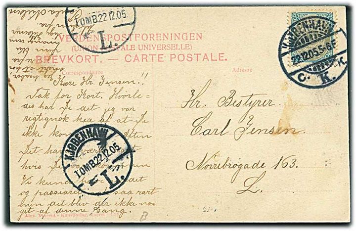 3 øre Tofarvet single på lokalt brevkort i Kjøbenhavn d. 22.12.1905.