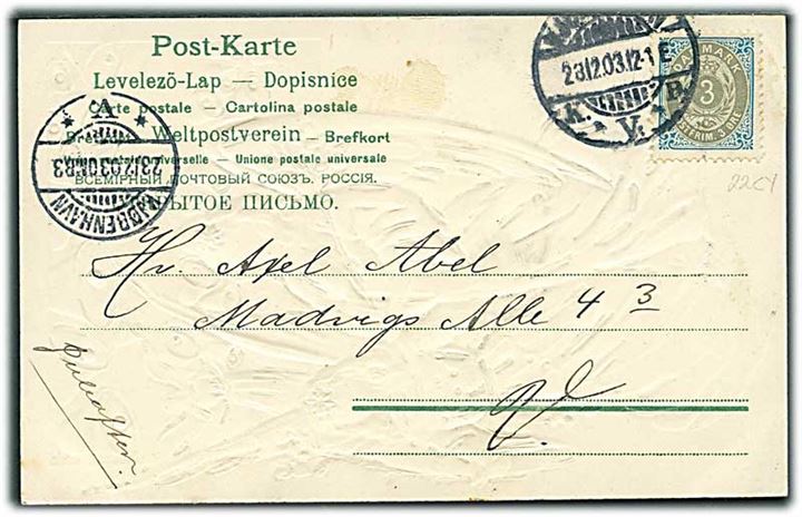 3 øre Tofarvet omv. rm. single på lokalt brevkort i Kjøbenhavn d. 23.12.1903. AFA: 1600.