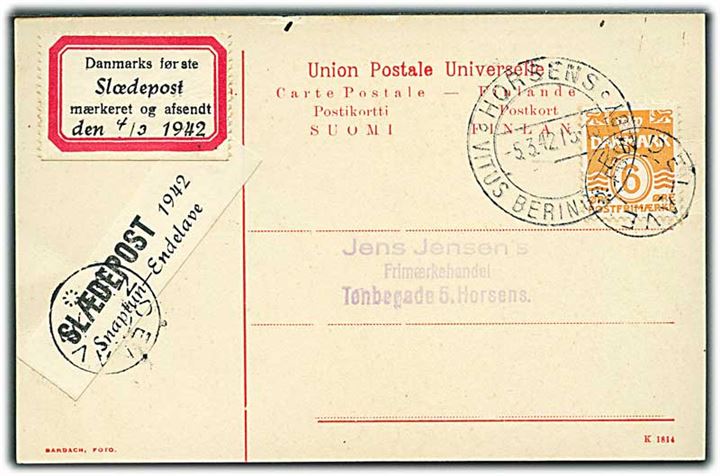 6 øre Bølgelinie på ispost brevkort annulleret med udslebet stjernestempel ENDELAVE og sidestemplet Horsens d. 5.3.1942 til Horsens. Etiket: Slædepost 1942 Snaptun-Endelave.