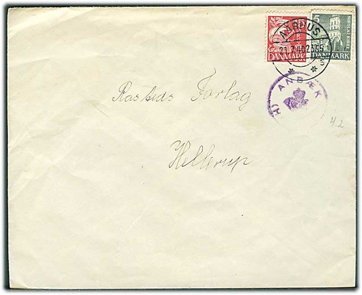 5 øre Nikolai kirke og 15 øre Karavel på brev stemplet Aarhus d. 21.7.1940 og sidestemplet med posthornstempel ANSBÆK (HAMMEL) til Hellerup.