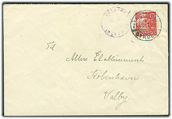 15 øre Karavel på brev fra Vesttarp annulleret med bureaustempel Fredericia - Struer T.1017 d. 18.6.1934 og sidestemplet med posthornstempel VELLING (RINGKØBING) til København.