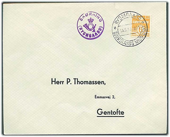 6 øre Bølgelinie på tryksag annulleret med turiststempel Ryomgaard d. 13.5.1948 og sidestemplet med posthornstempel SKØRRING (RYOMGAARD) til Gentofte. Filatelistisk.