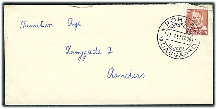 25 øre Fr. IX på brev annulleret med spejderstempel Rohden pr. Gaugaard d. 11.7.1951 til Randers. 