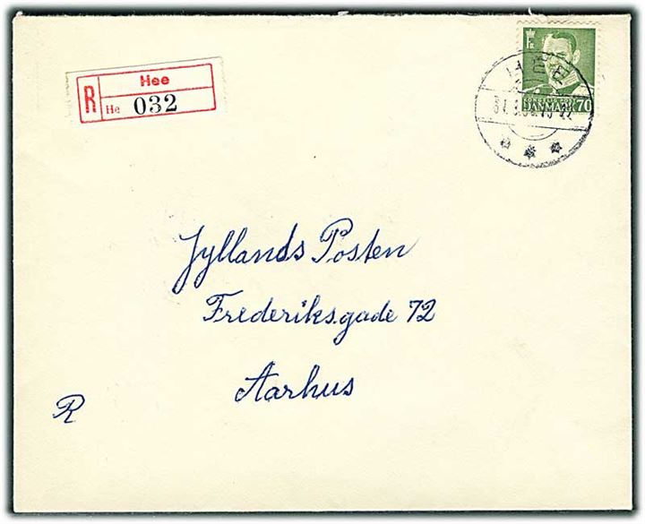 70 øre Fr. IX single på anbefalet brev fra Hee d. 31.8.1956 til Aarhus.