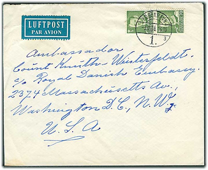70 øre Fr. IX i parstykke på luftpostbrev fra København d. 3.12.1958 til danske ambassade i Washington D.C., USA.