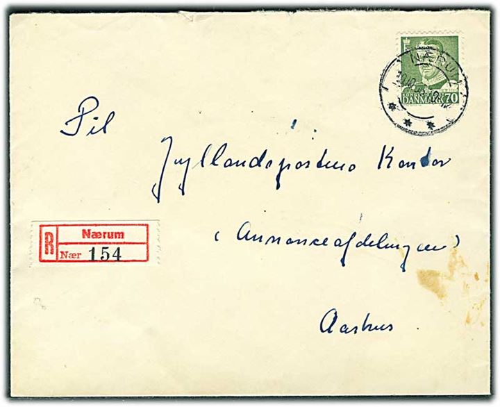 70 øre Fr. IX single på anbefalet brev fra Nærum d. 10.10.1956 til Aarhus.