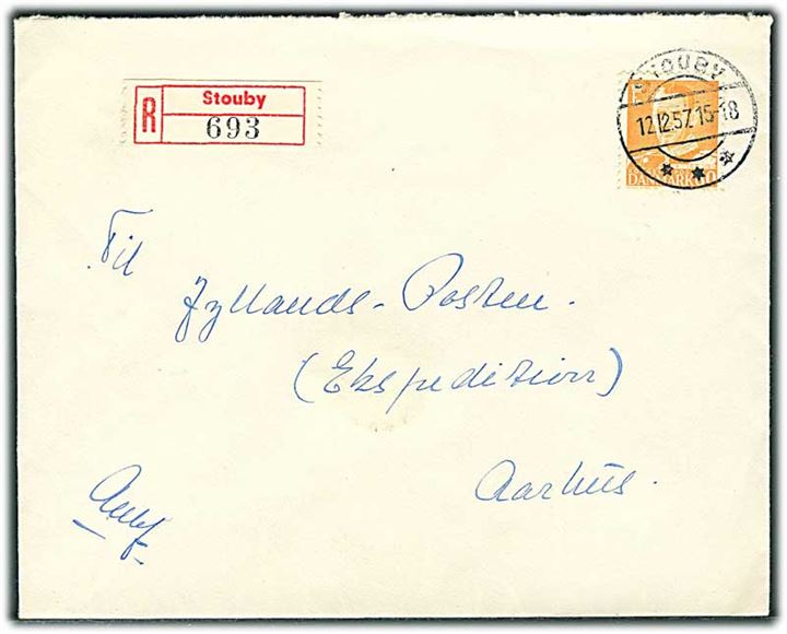 80 øre Fr. IX single på anbefalet brev fra Stouby d. 12.12.1957 til Aarhus.