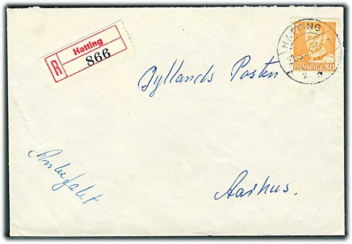 80 øre Fr. IX single på anbefalet brev fra Hatting d. 21.5.1958 til Aarhus.