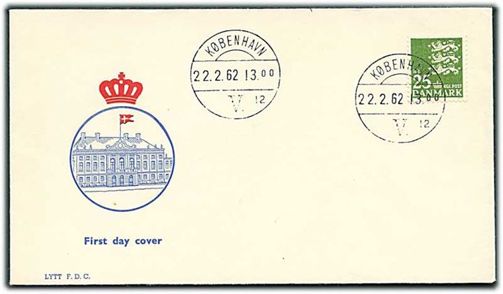 25 kr. Rigsvåben single på uadresseret FDC fra København d. 22.2.1962. AFA 1200