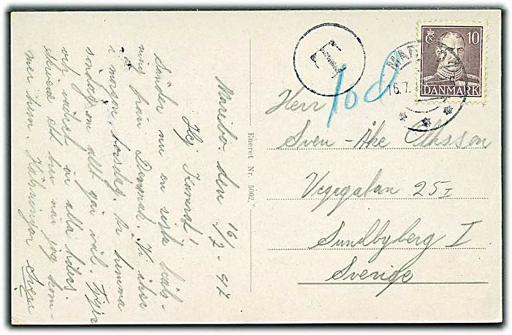 10 øre Chr. X single på underfrankeret brevkort fra Maribo d. 16.7.1947 til Sundbyberg I, Sverige. Sort T stempel.