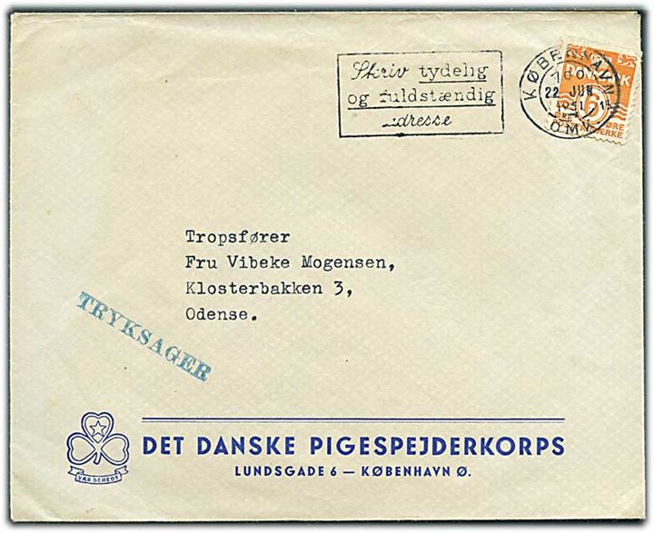 6 øre Bølgelinie på fortrykt kuvert fra Det danske Pigespejderkorps sendt som tryksag fra København d. 22.6.1951 til Odense.
