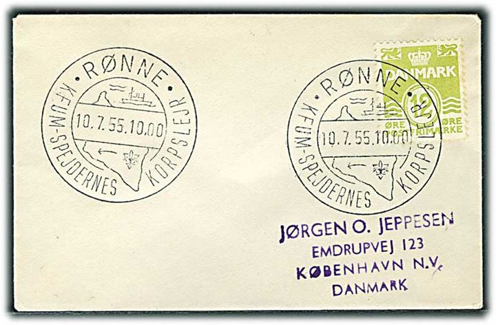 12 øre Bølgelinie på tryksag annulleret med spejderstempel Rønne * KFUM-Spejdernes Korpslejr * d. 10.7.1955 til København.