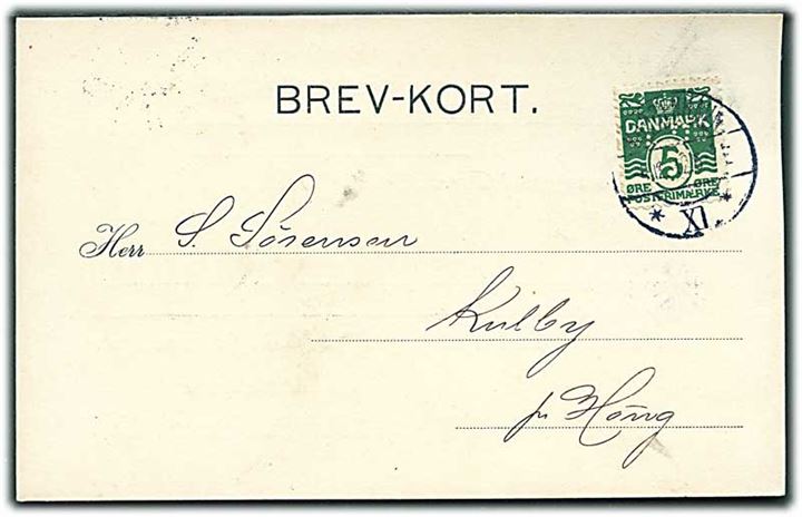 5 øre Bølgelinie med perfin J.J. på brevkort fra firma Jørgen Jensens Eftf. i Kjøbenhavn d. 4.12.1912 til Kulby pr. Høng.