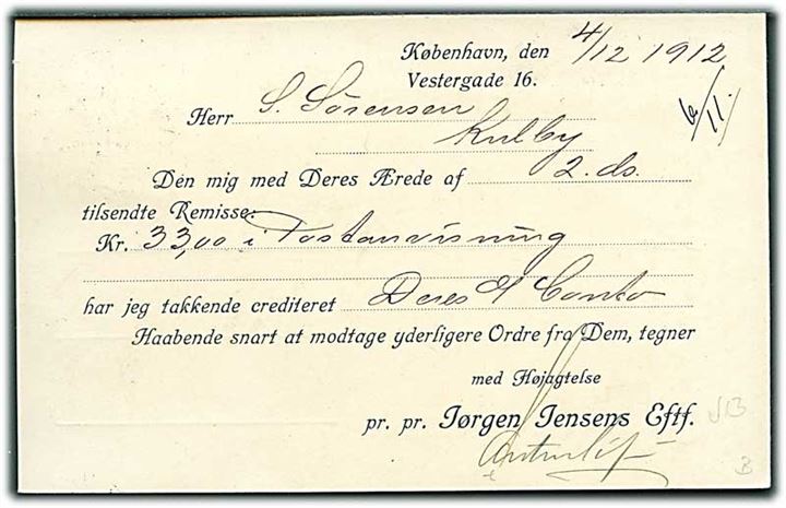 5 øre Bølgelinie med perfin J.J. på brevkort fra firma Jørgen Jensens Eftf. i Kjøbenhavn d. 4.12.1912 til Kulby pr. Høng.