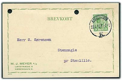 5 øre Chr. X med perfin M.J.M. på brevkort fra M. J. Meyer A/S i Kjøbenhavn d. 22.5.1916 til Stenmagle pr. Stenlille. 2 arkivhuller.