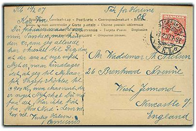 10 øre Chr. IX med perfin (Malteserkors) fra DFDS på brevkort fra Kjøbenhavn d. 13.2.1907 til Newcastle, England.