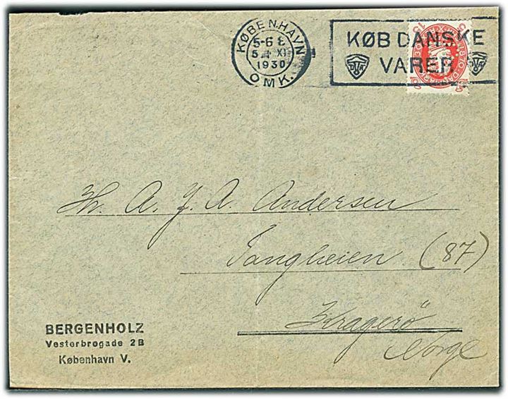 15 øre Chr. X 60 år med perfin Bz på brev fra firma Bergenholz i København d. 5.11.1930 til Kragerø, Norge.
