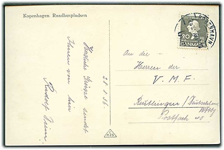20 øre H.C.Andersen på brevkort fra København d. 28.8.1936 til Tyskland.