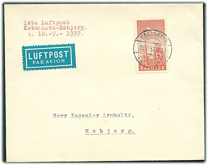 15 øre Luftpost på 1.-flyvningskuvert fra København Luftpost d. 18.7.1937 til Esbjerg.