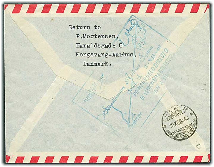 20 øre DDL, samt 20 øre og 40 øre Chr. X 75 år på 1.-flyvningsbrev fra København Lufthavn d. 30.11.1946 til Montevideo, Uruguay.