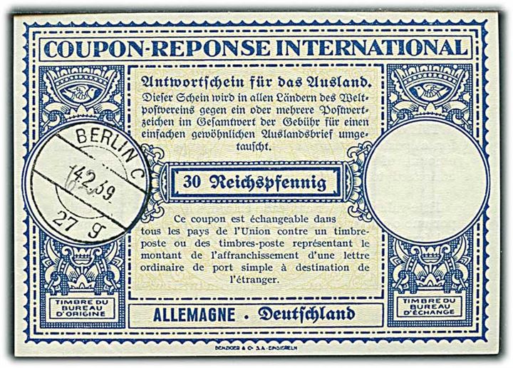 30 Reichpfennig International Svarkupon stemplet Berlin d. 4.2.1939.