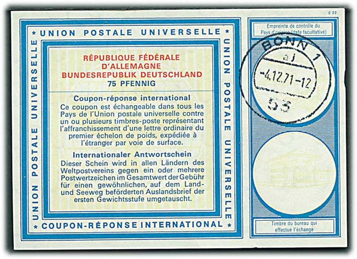 75 pfg. International Svarkupon stemplet Bonn d. 4.12.1971.