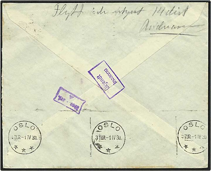 15 øre rød karavel på brev fra København d. 31.3.1930 til Oslo. Adressaten flyttet og brev er returneret.