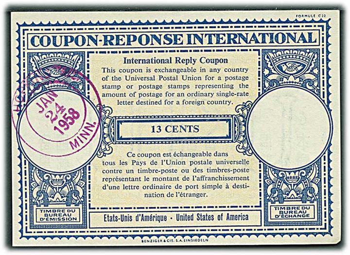 13 cents International Svarkupon stemplet Hopkins Minn. d. 24.1.1958.
