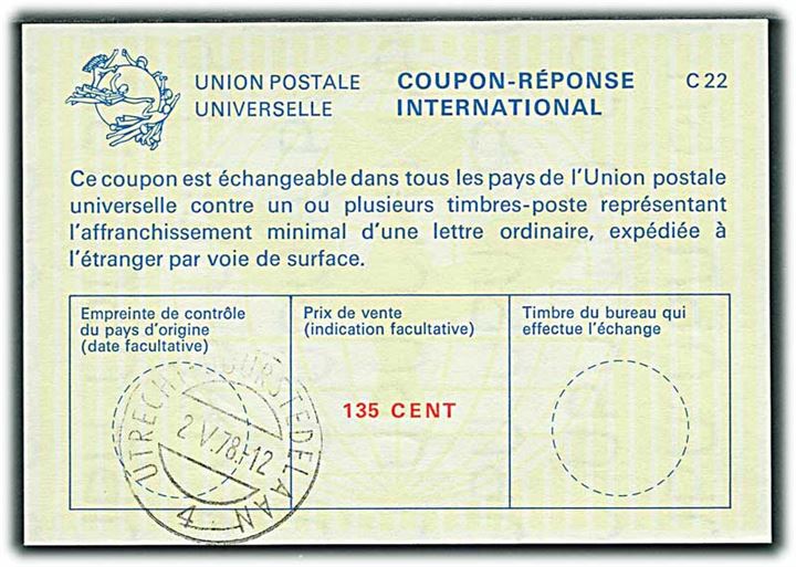 135 cent International Svarkupon stemplet Utrecht d. 2.5.1978.