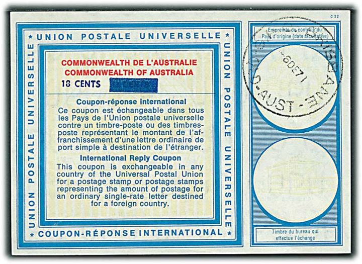 18 cents provisorisk International Svarkupon stemplet Brisbane d. 6.12.1971.
