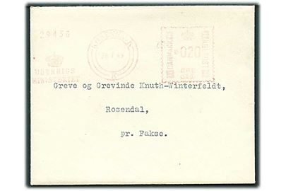 20 øre frankostempel fra Udenrigsministeriet på brev fra København d. 28.7.1949 til Rosendal pr. Fakse.