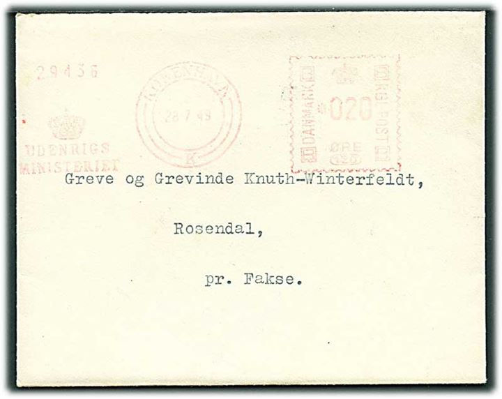 20 øre frankostempel fra Udenrigsministeriet på brev fra København d. 28.7.1949 til Rosendal pr. Fakse.
