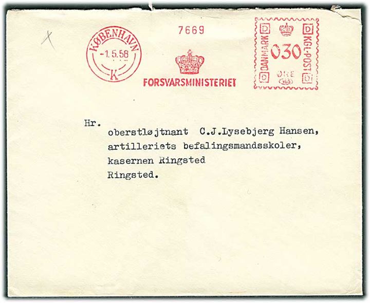 30 øre frankostempel fra Forsvarsministeriet i København d. 1.5.1958 til Ringsted Kaserne.