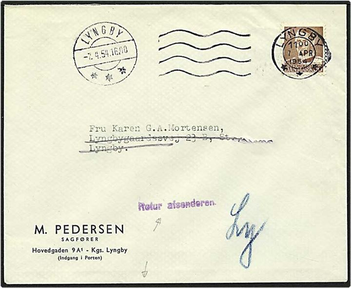 20 øre brun Fr. IX på lokalt brev fra Lyngby d. 7.4.1954. Modtageren flyttet og brevet returneret.