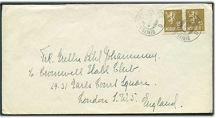 15 øre Løve i parstykke på brev annulleret med sejlende bureaustempel Bergen - Newcastle Posteksp. D d. 8.2.1937 til London, England.