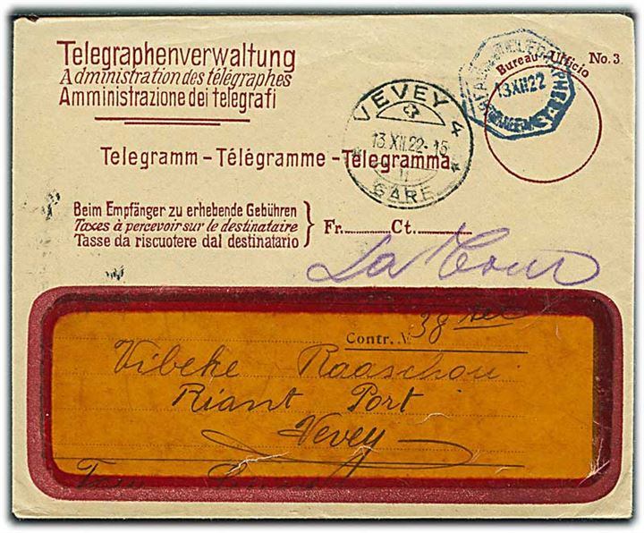 Schweiz. Telegram formular med meddelelse fra Hillerød i Danmark modtaget i Vevey d. 13.12.1922. Medfølger rudekuvert. 