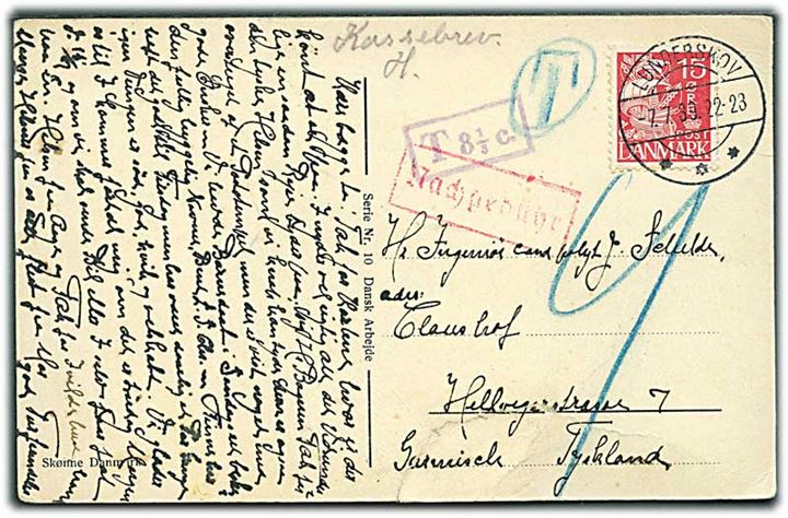 15 øre Karavel på underfrankeret brevkort fra Lunderswkov d. 7.7.1939 til Garmisch, Tyskland. Påskrevet Kassebrev med violet portostempel T 8 1/3 c. og udtalkseret i 9 pfg. tysk porto. Rift i bun