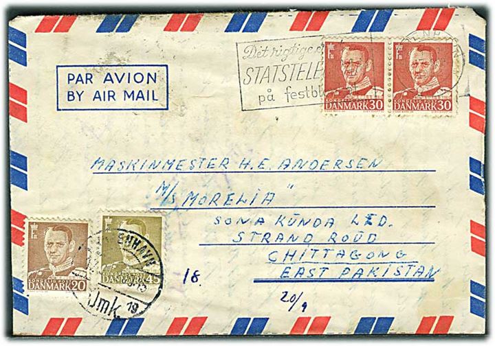 20 øre, 30 øre (par) og 45 øre Fr. IX på 1,25 kr. frankeret privat aerogram sendt som luftpost fra København d. 17.9.1957 til M/S Morelia i Chittagong, Østpakistan.