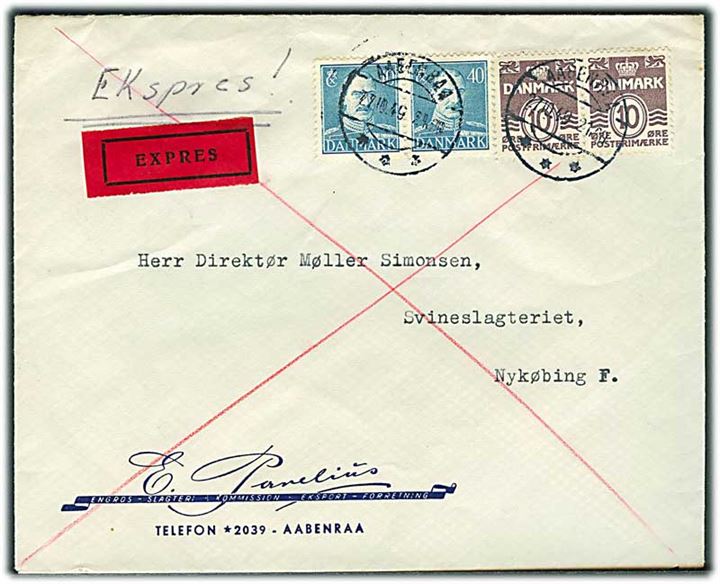 10 øre Bølgelinie (par) og 40 øre Chr. X (par) på ekspresbrev fra Aabenraa d. 27.10.1949 til Nykøbing F.