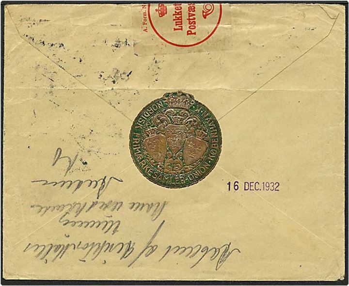 5 øre lysegrøn og 10 øre brun bølgelinie på brev fra København d. 13.12.1932 til Herning. Sendt til returpostkontoret, lukket af postvæsenet og returneret.
