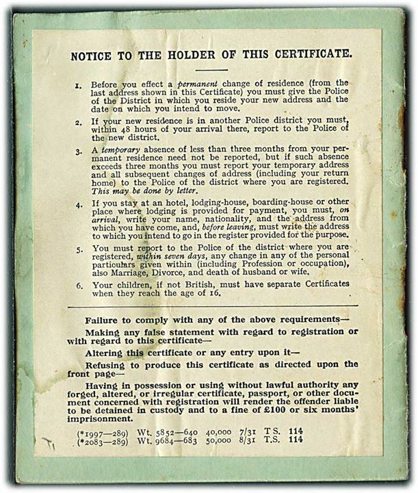 Aliens Order 1920 Certificate of Registration med foto for tysker Hans Kollner udstedt af Metropolitan Police, Bow Street d. 18.5.1932.