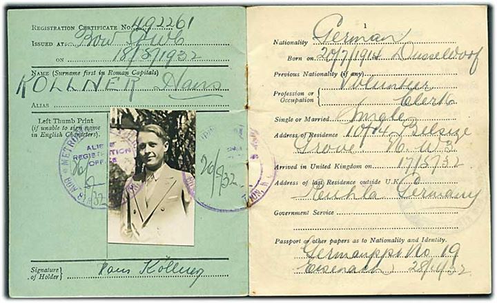 Aliens Order 1920 Certificate of Registration med foto for tysker Hans Kollner udstedt af Metropolitan Police, Bow Street d. 18.5.1932.